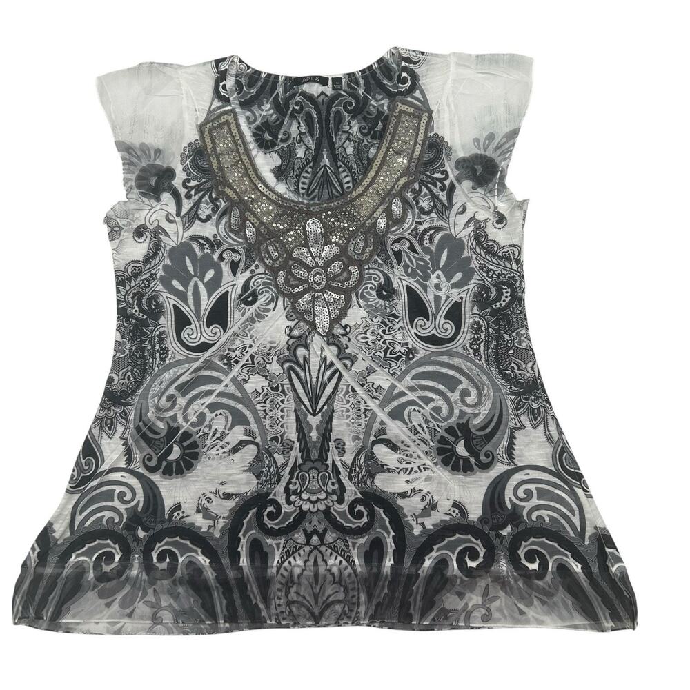 Apt 9 Boho Blouse Black White Floral Top Sheer Bling Y2K Fairy Mandala Sequins M